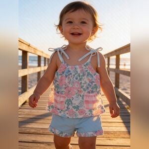 Marie Nicole Pink & Blue Gingham Floral Bloomers Outfit Sz 6-12M